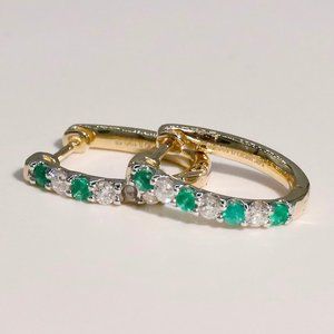 0.20Ctw Diamond & Emerald Huggie Earrings 14K Yellow Gold